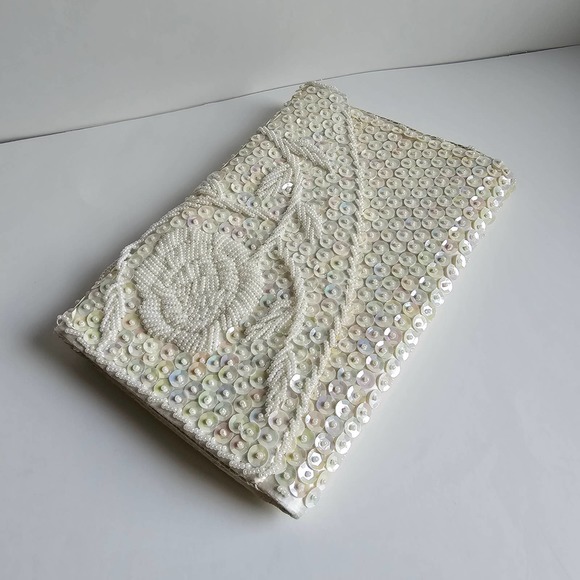 La Regale Clutch Chain Handbag Vintage White Cream Sequin - Picture 3 of 9